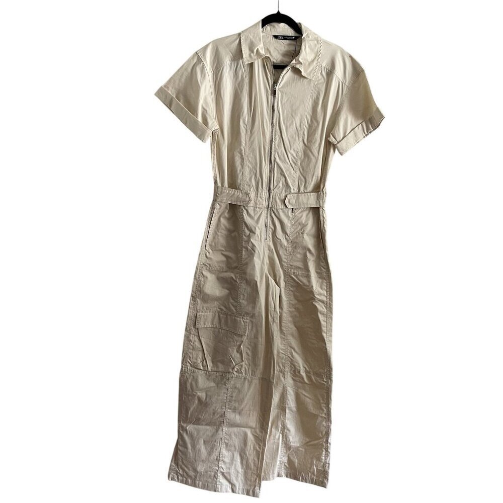 Zara Women XS Beige Cotton Relaxed Short Sleeve Wide Leg Cargo Jumpsuit NWOT - Picture 3 of 13
